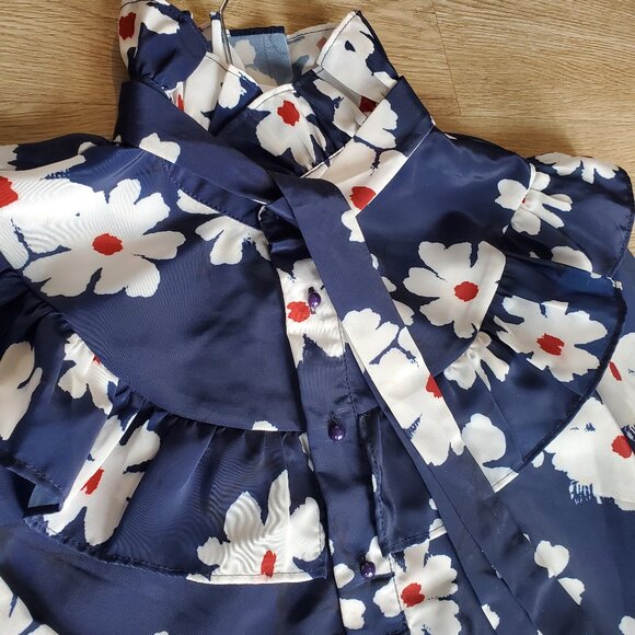 Saint Geraldine Navy Floral Tie-Neck Blouse with Ruffled Collar - Picture 2 of 10